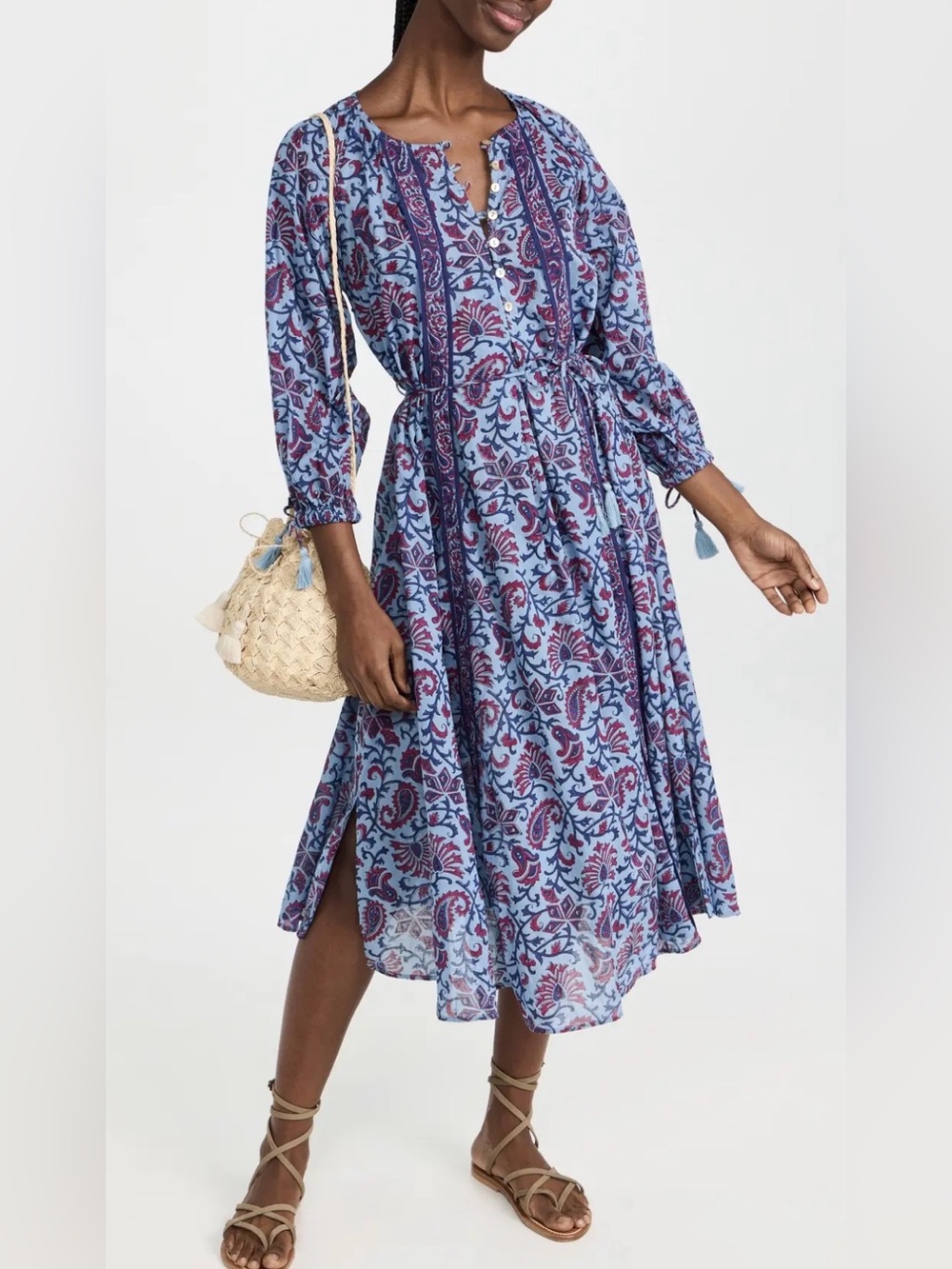 CLEOBELLA Faith Caftan Midi Dress Blue Floral Long-Sleeve Button Front Sz: XS